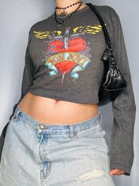 Bon Jovi Charcoal Graphic Crop Long-Sleeve Tee